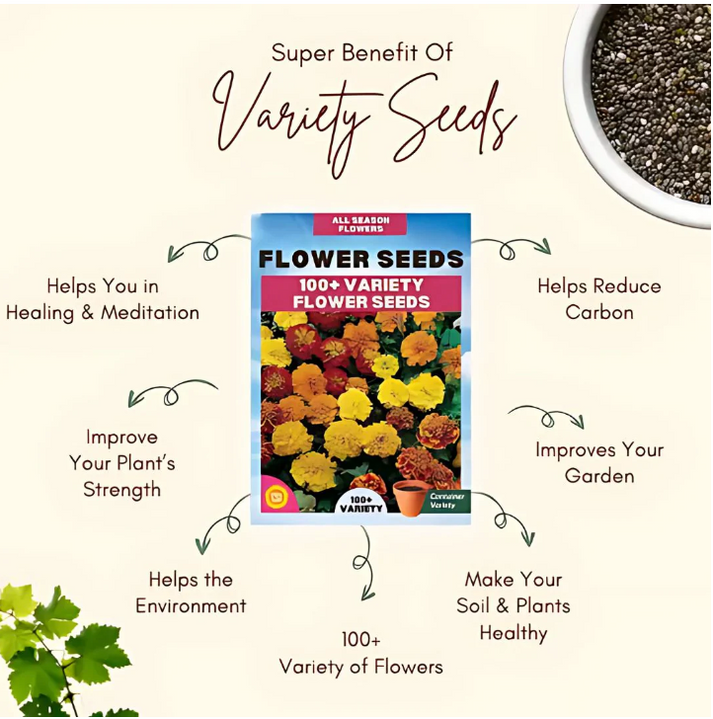 Varieties  100 Flower Seeds Variety + Free Growth Supplement!